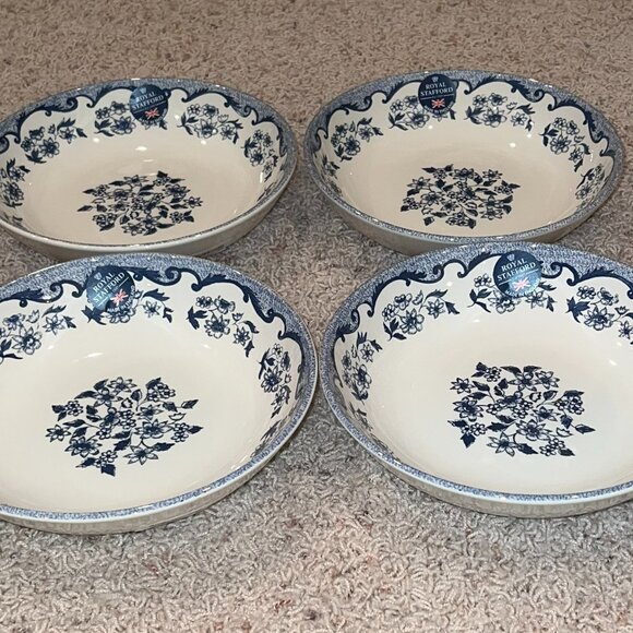 4 Royal Stafford French Toile Blue White Flowers Floral Pasta Bowls Dishes